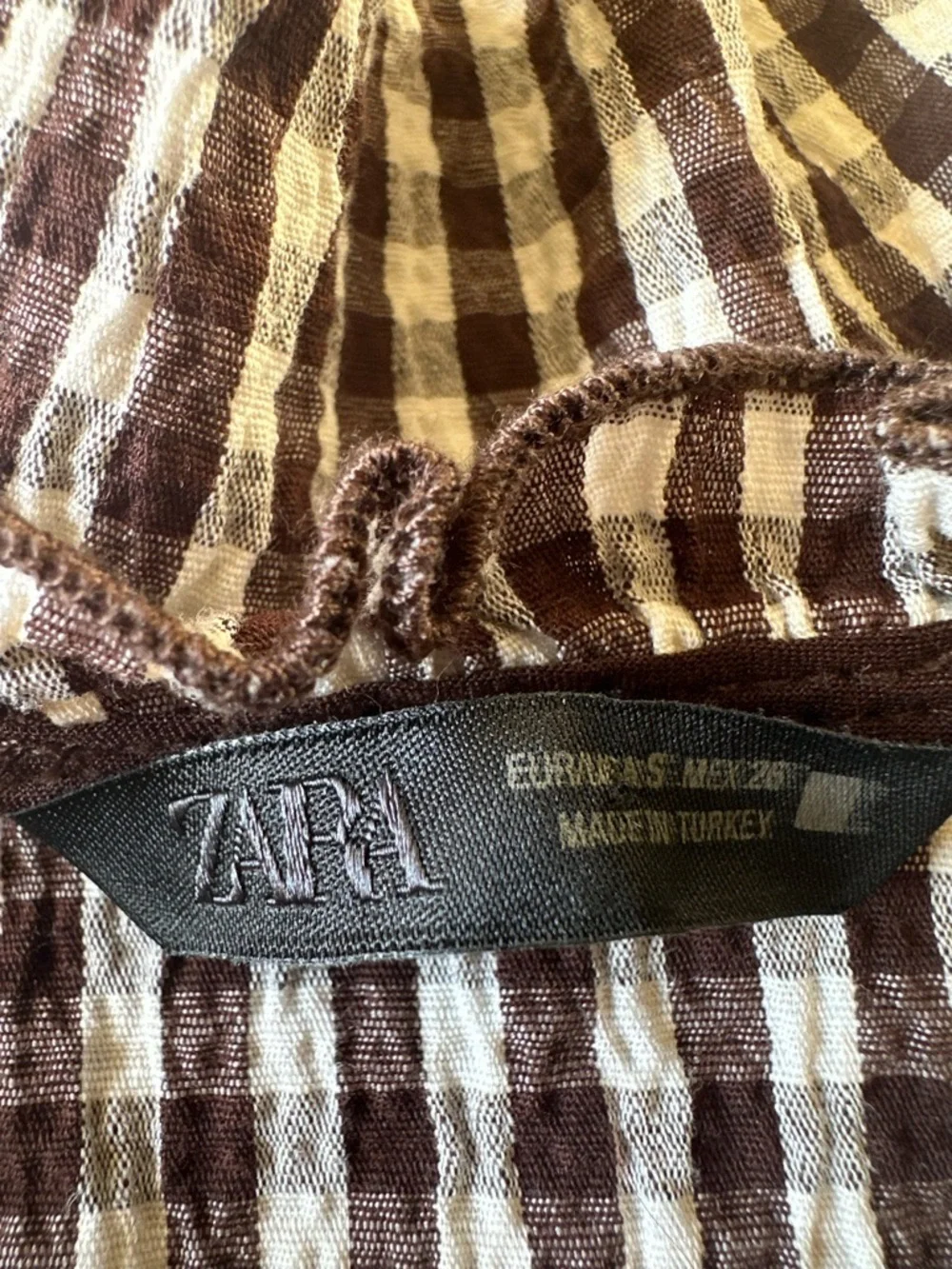 Zara Brown White Gingham Ruffle Shirt Top Sz S - Picture 11 of 14